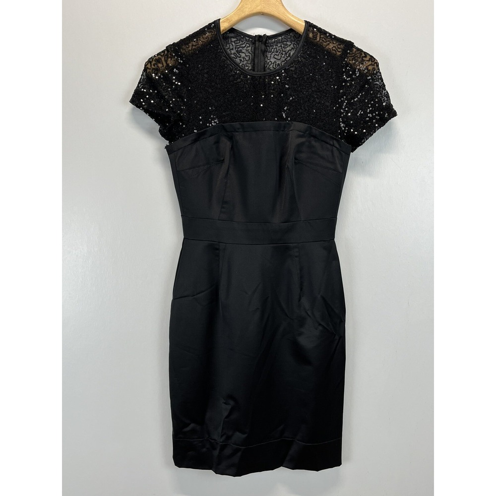 Trina Turk Dali Satin Lace Cocktail Dress Womens 0 Black Sequins Little Black